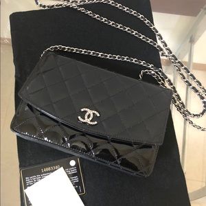 Chanel Black Patent Leather Wallet On Chain WOC